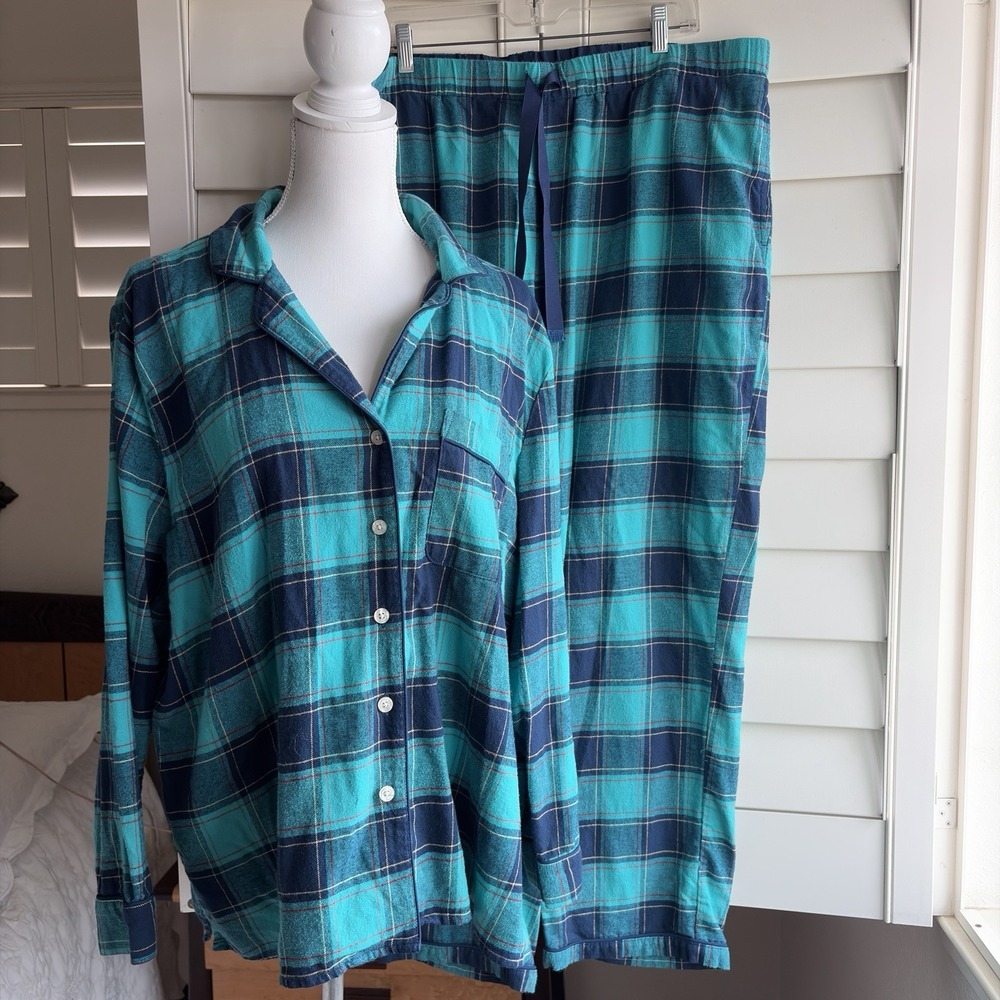 Lands End Women's XXL 2XL Flannel Pajama Set Teal Navy Plaid Cotton Cozy Holiday